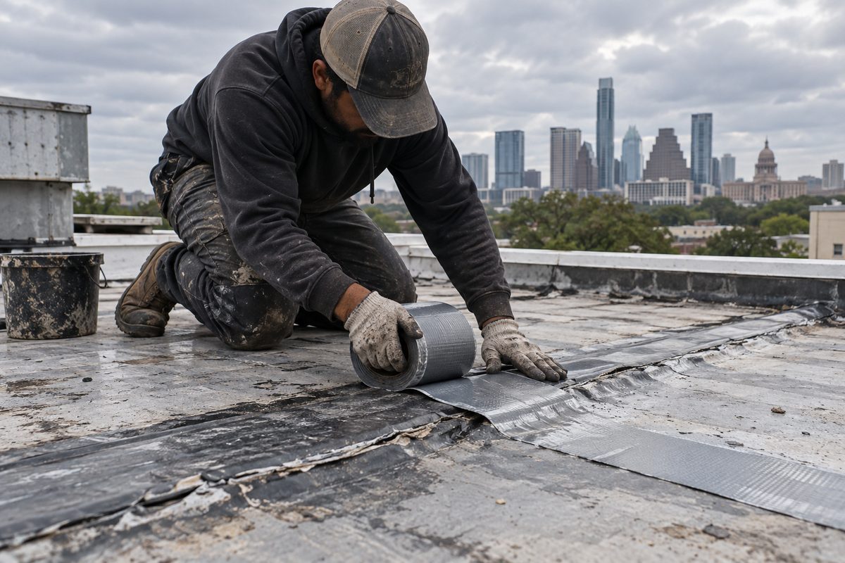 Repair tape applied over a weathered roof seam